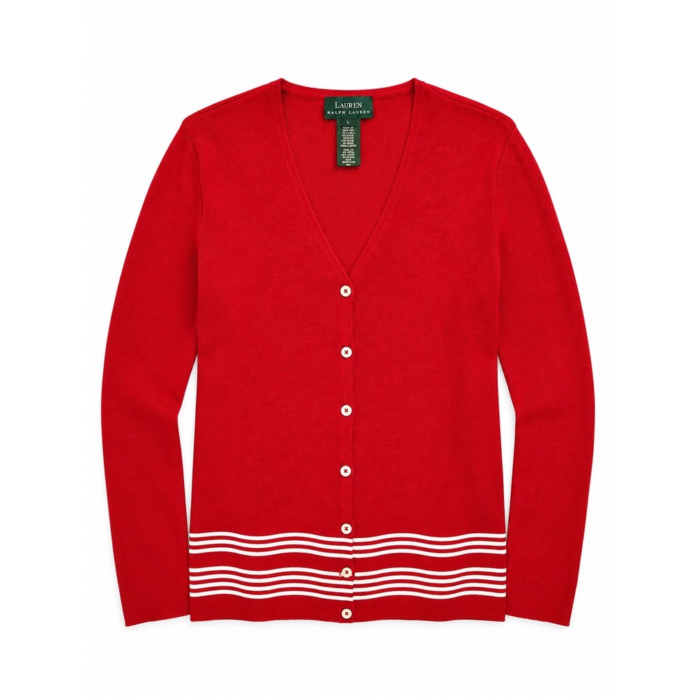 Lauren Ralph Lauren Red Silk Blend Nautical Stripe V-Neck Cardigan Sweater L